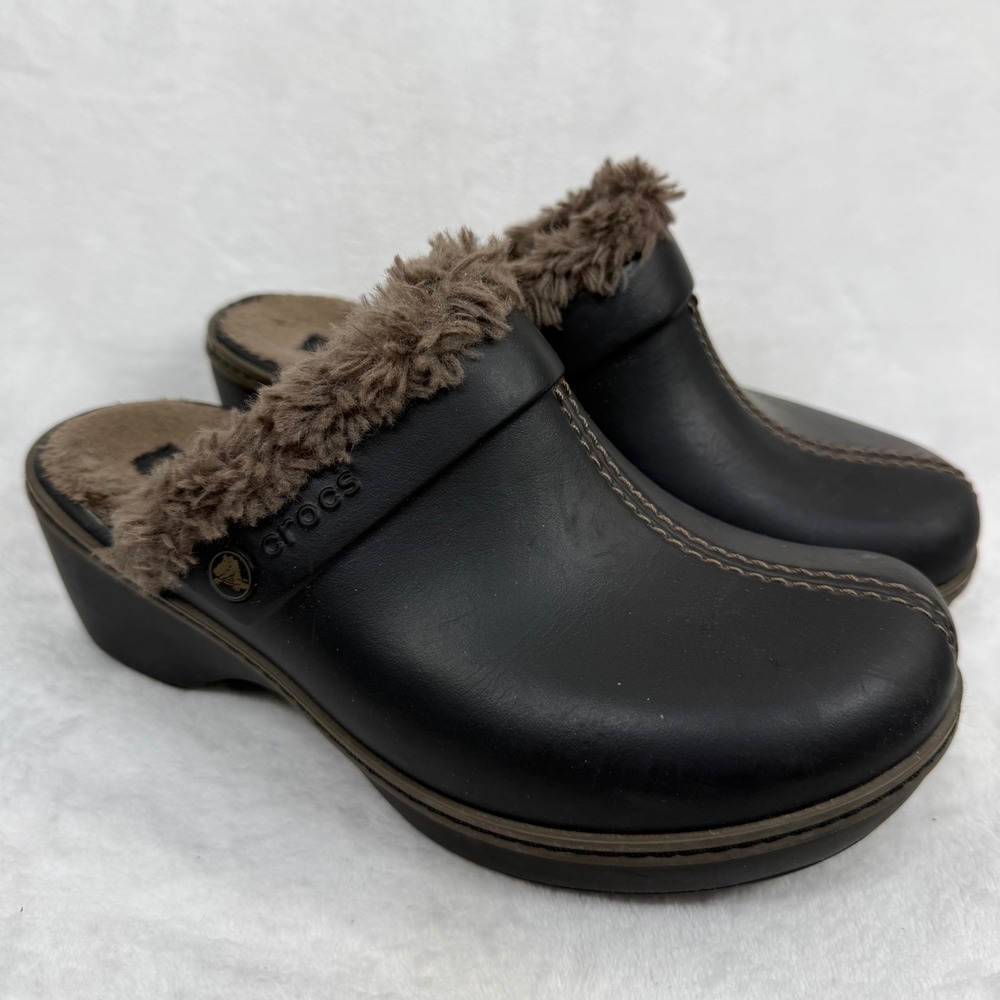 Crocs Gretel‎ Women Black Faux Fur Lined Wedge Clogs Mules 11552 Size W7